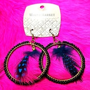 NWT WORLD MARKET BLACK ANKARA‎  BEAD HOOPS W/BLUE FEATHER CENTER WORLD MARKET